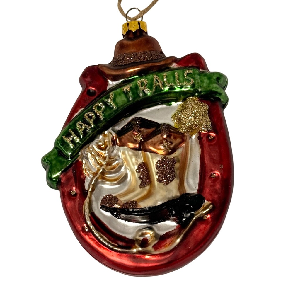 Western Cowboy Boot Happy Trails Glass Christmas Ornament Horseshoe Glitter *